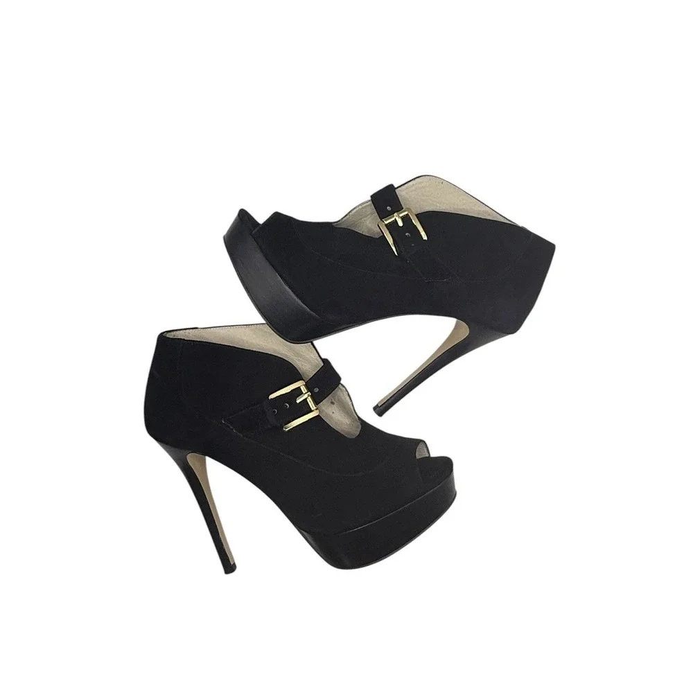 Michael Kors Black Suede Peep Toe Booties Gold Buckle Stiletto Platform Heels 8